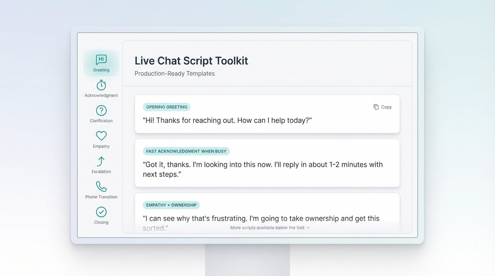 Professional chat script reference card showing seven essential live chat templates organized in a clean command palette interface