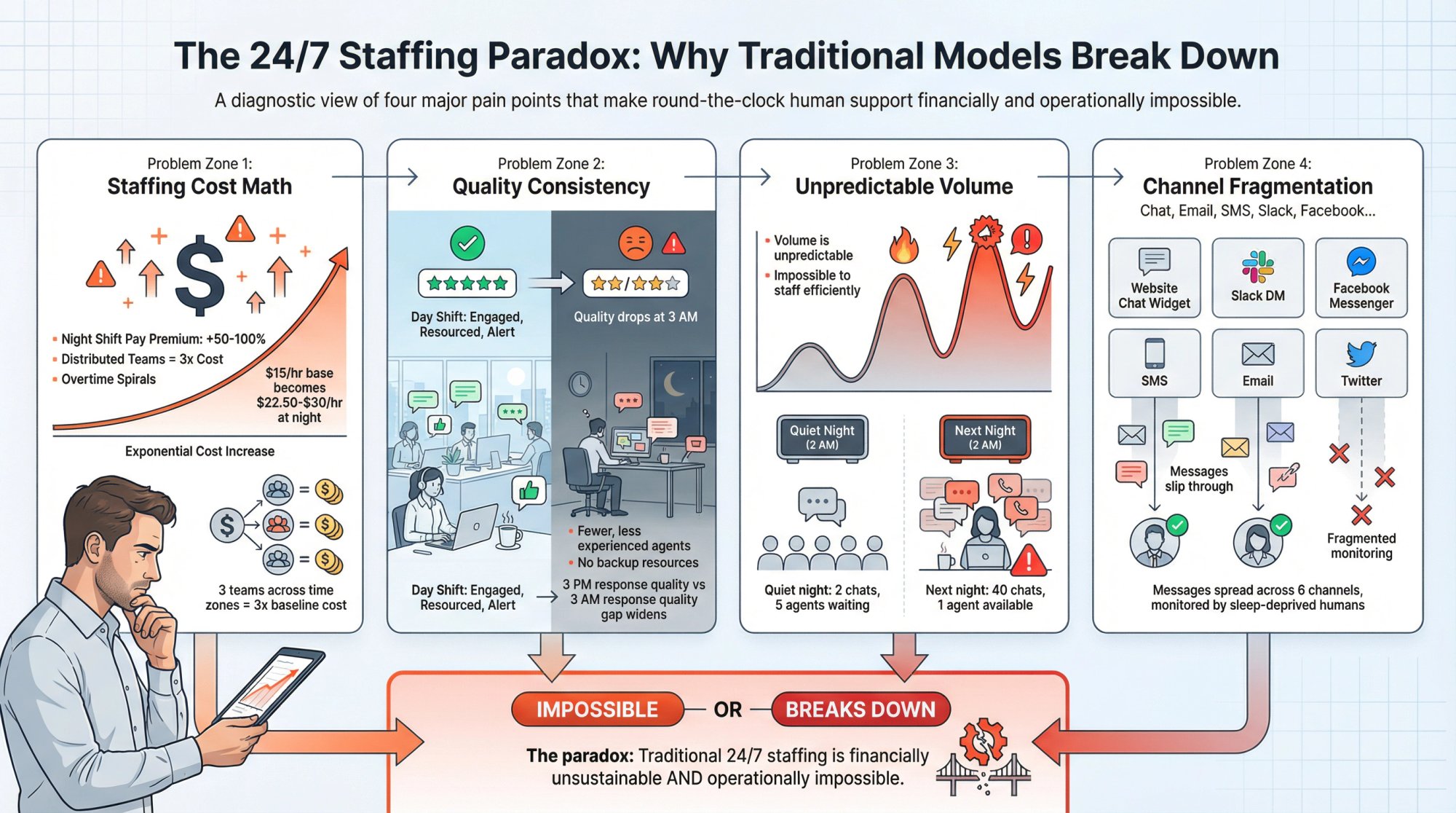 Infographic showing four interconnected barriers to 24/7 support: staffing costs, quality consistency, unpredictable volume, and channel fragmentation