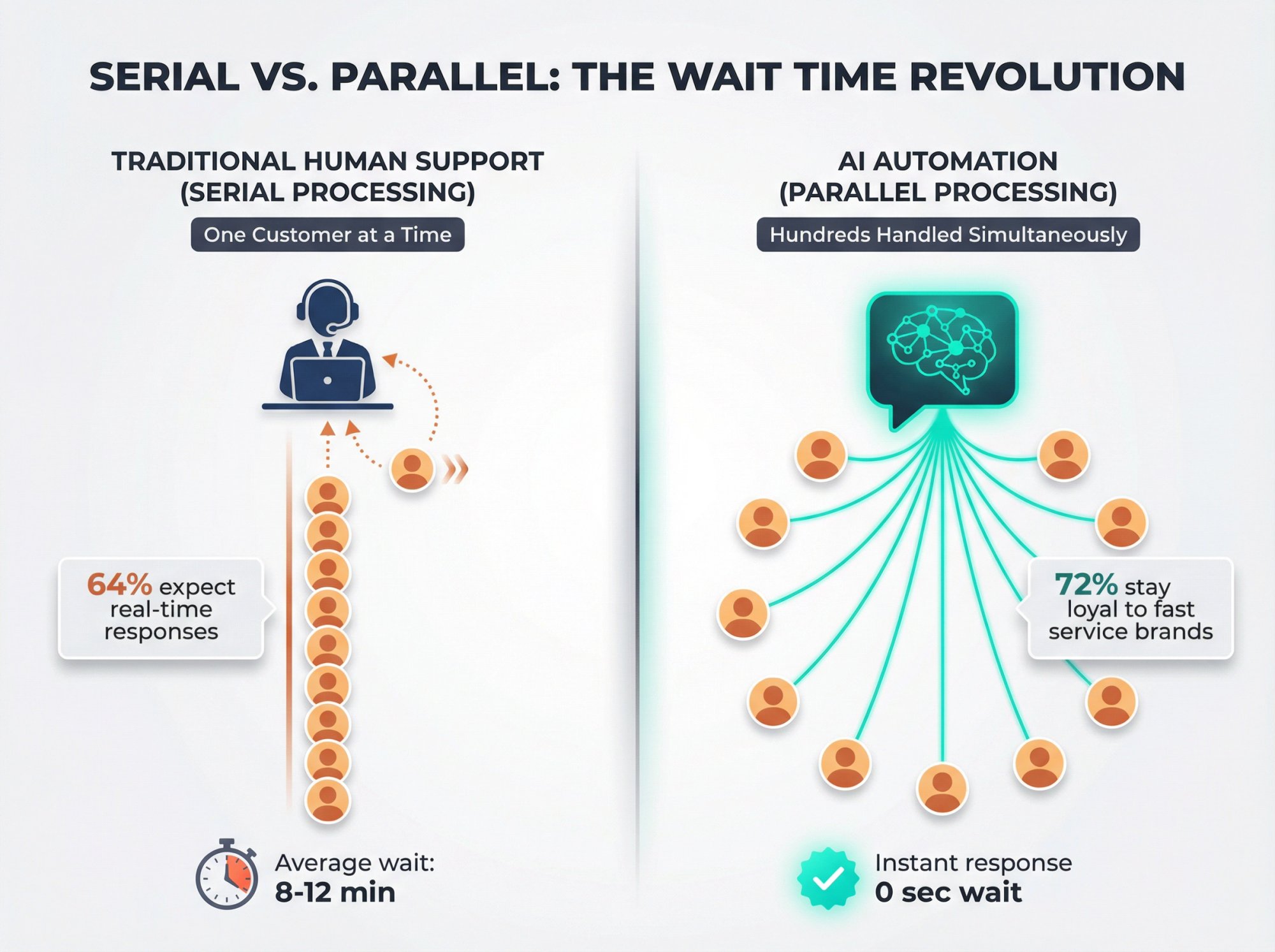 Side-by-side comparison showing traditional human support with queue buildup versus AI automation handling hundreds of simultaneous conversations with zero wait time