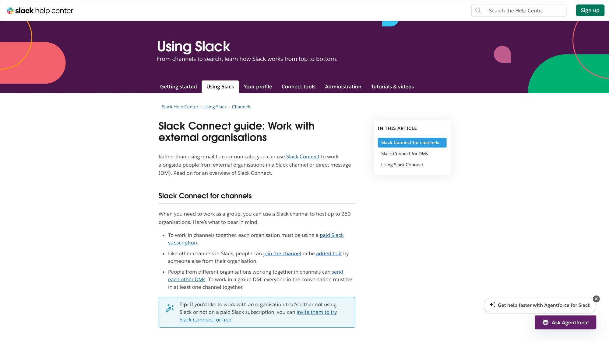 Slack Connect official guide showing how to work with external organizations through shared channels