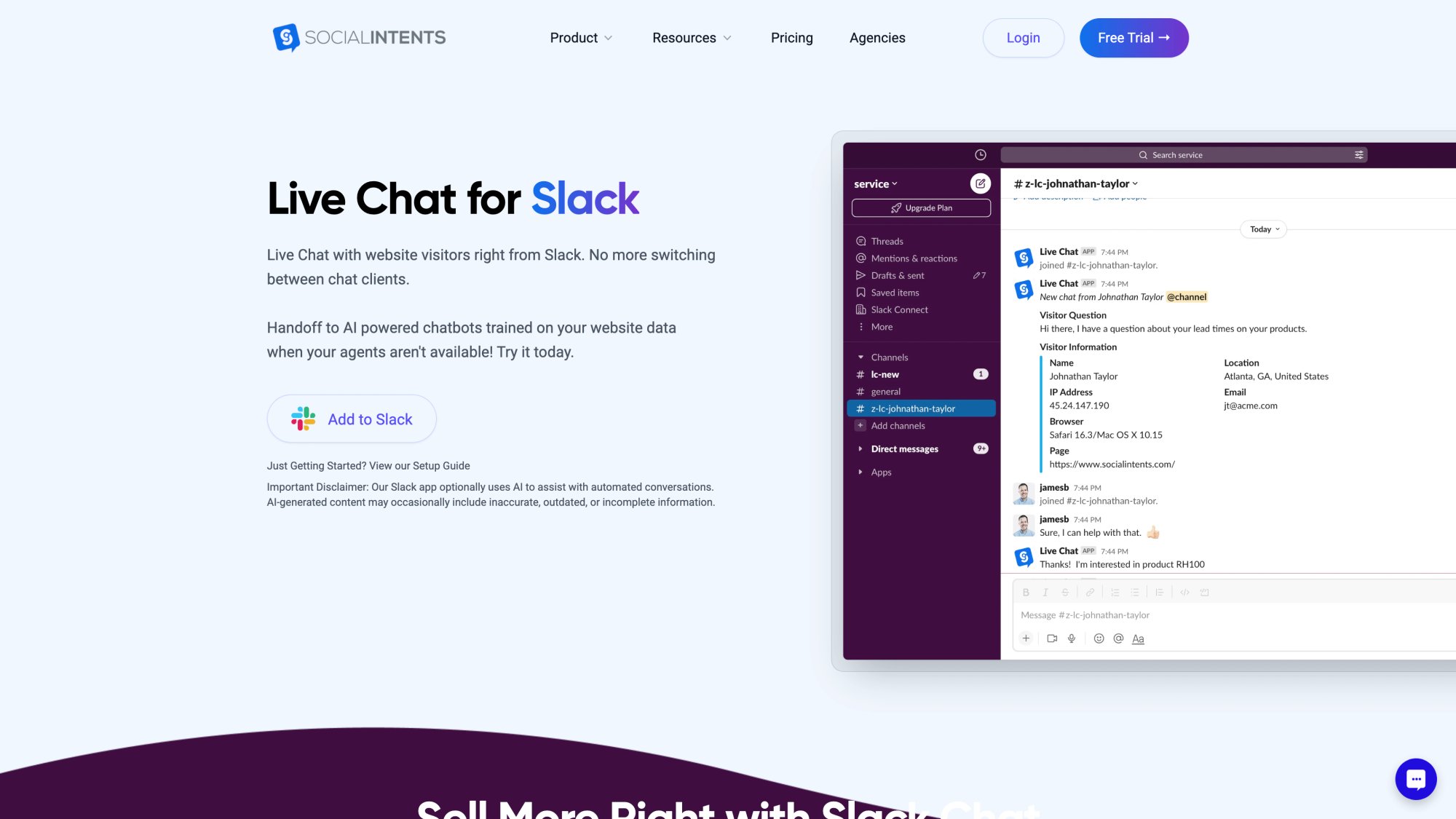 Social Intents Slack integration page displaying live chat routing into Slack channels for real-time customer support