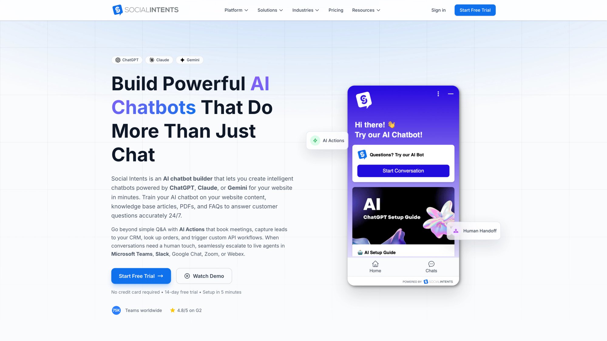 Social Intents chatbot features page highlighting AI capabilities, conversation training, and integration options