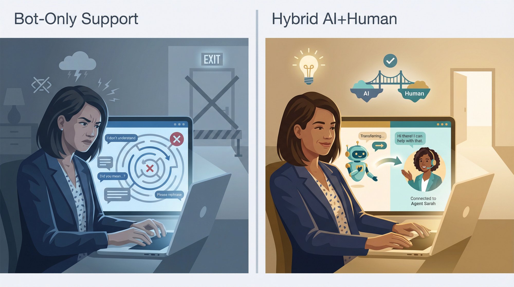 Split-panel comparison showing frustrated customer trapped with bot-only support versus satisfied customer with seamless AI-to-human handoff