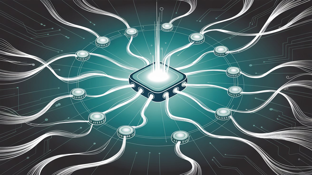 Integration ecosystem showing central platform hub with multiple converging application streams and connectors radiating outward in teal and white, hand drawn professional editorial illustration