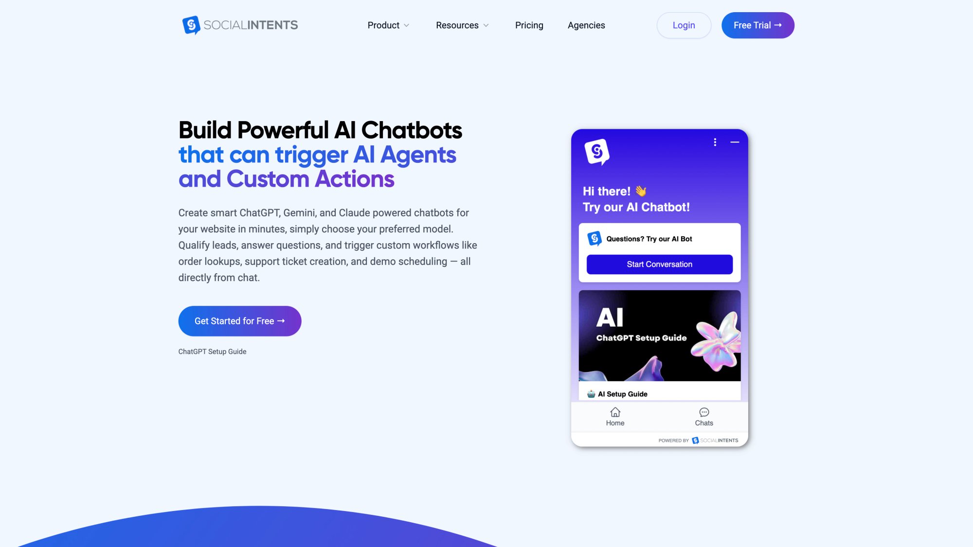 Social Intents AI chatbot features page highlighting ChatGPT integration and automated customer support