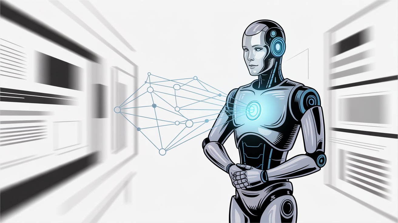 AI-powered customer service automation showing intelligent chatbot workflows with machine learning nodes and automated response systems, hand drawn professional editorial illustration