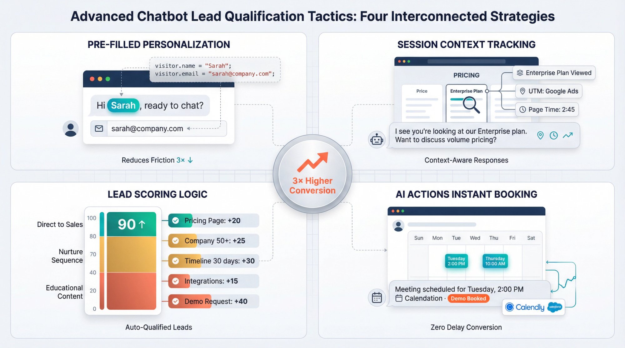 Advanced lead qualification dashboard showing personalization, context tracking, automated scoring, and instant booking flow