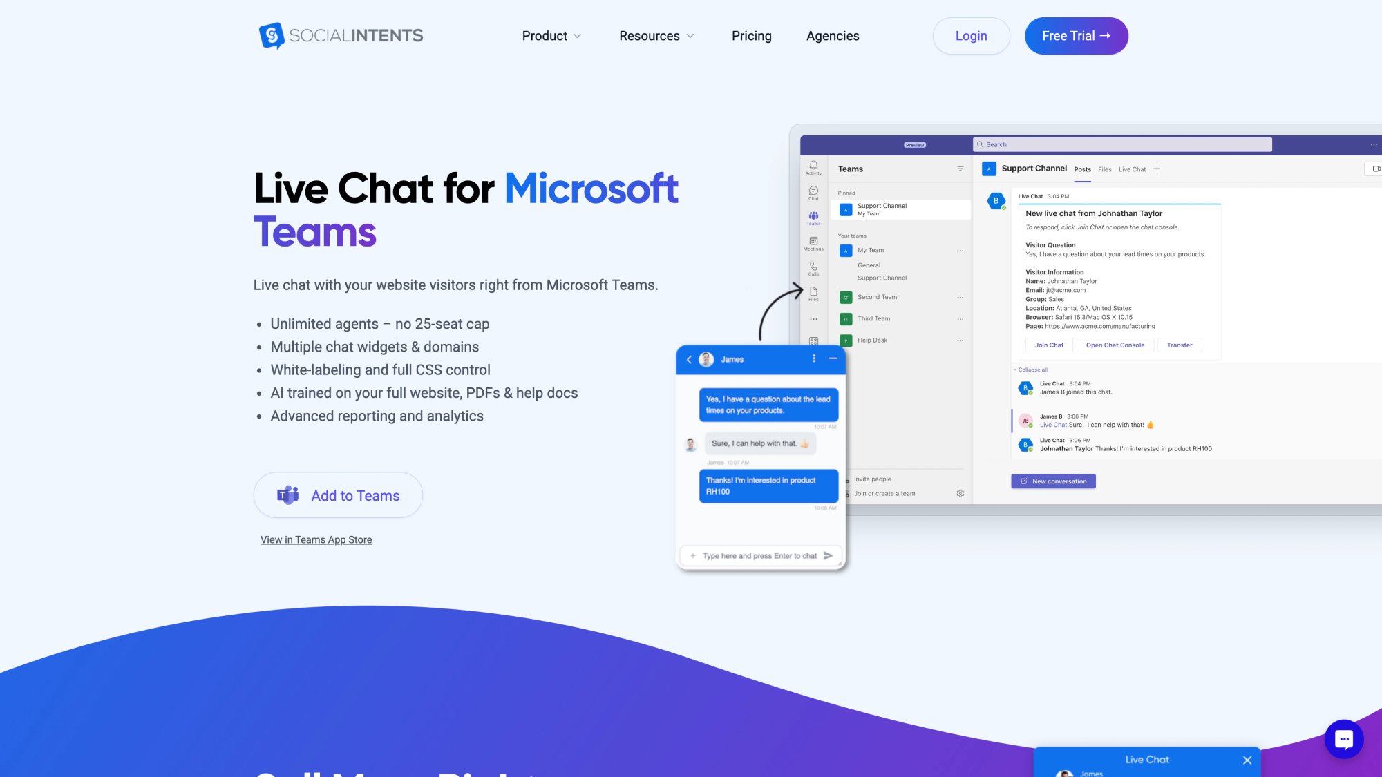 Social Intents Microsoft Teams live chat integration page showing how website chats route directly into Teams channels