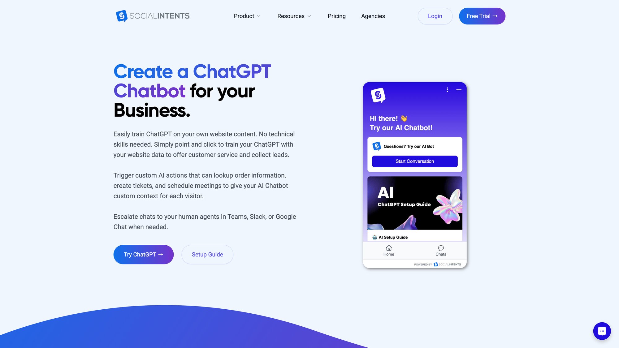 Social Intents ChatGPT Chatbot product page showing AI-powered automation features