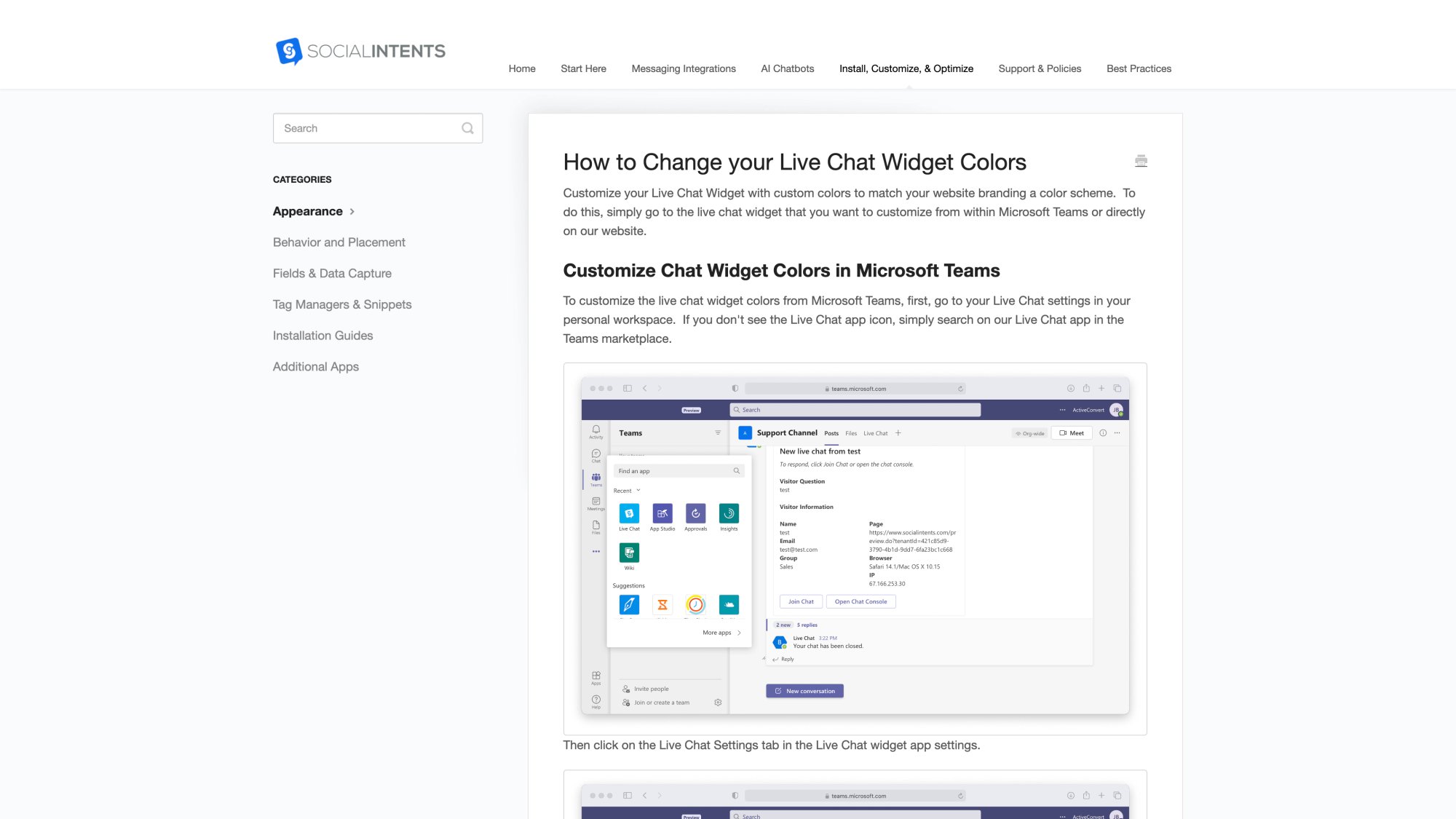 Social Intents color customization documentation showing CSS selectors and styling options for chat widgets