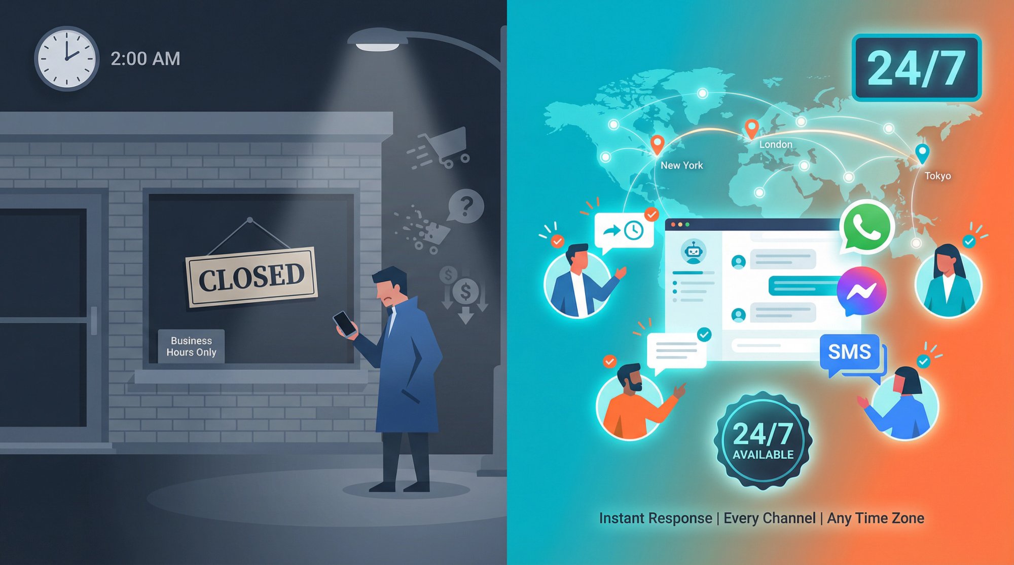 Split illustration contrasting traditional closed support with 24/7 automated customer service across global time zones