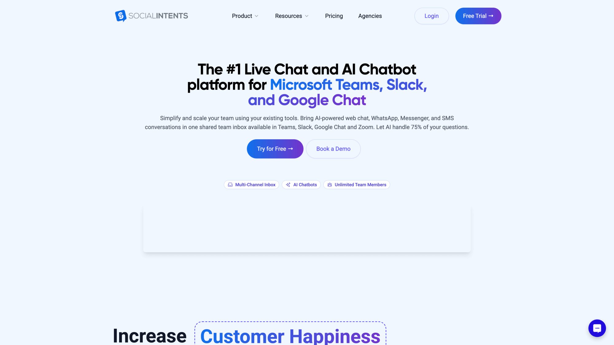 Social Intents homepage showing live chat and AI chatbot platform for Microsoft Teams, Slack, and Google Chat