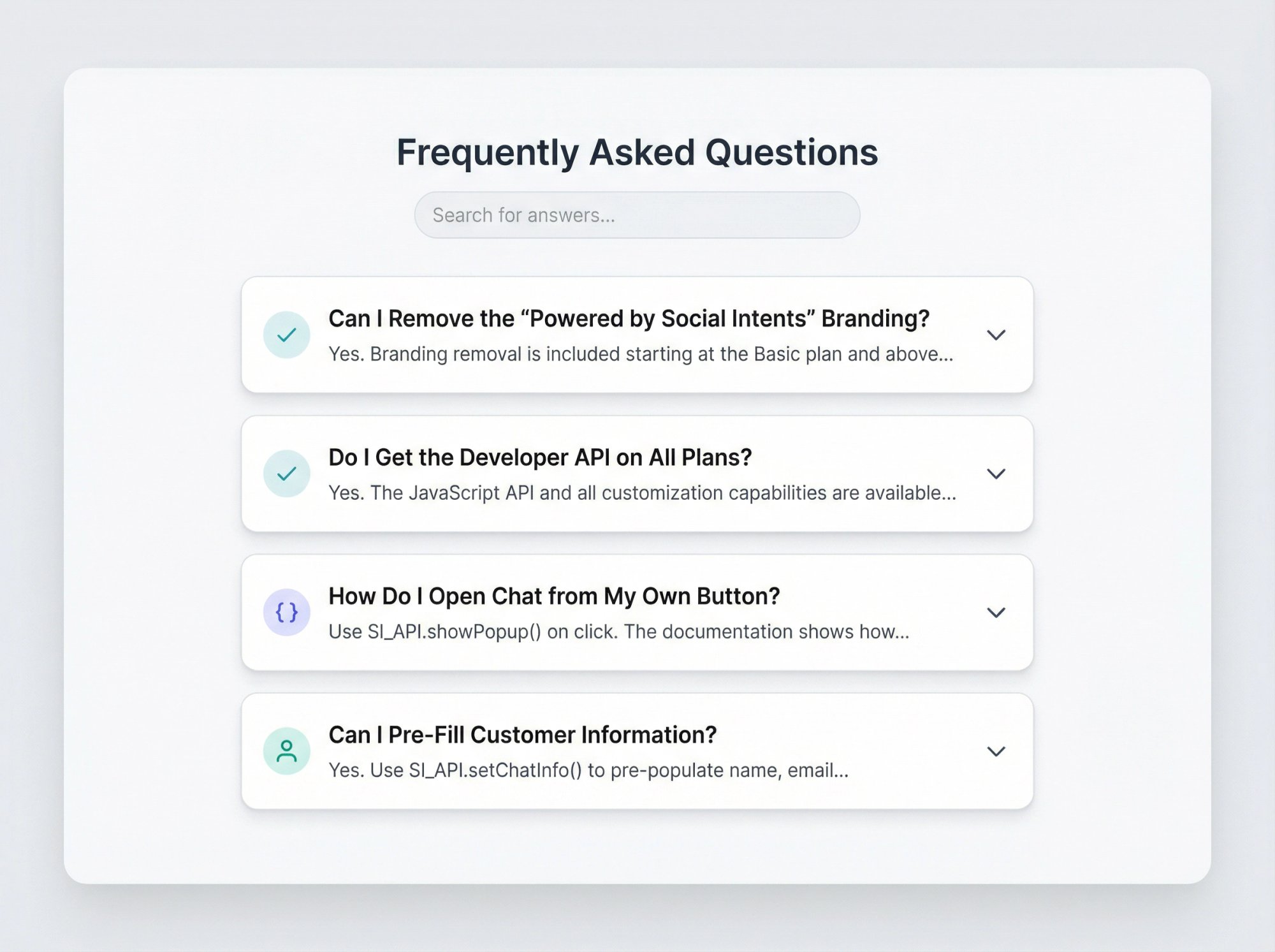 Modern FAQ interface showing common chat widget customization questions with clean card-based layout