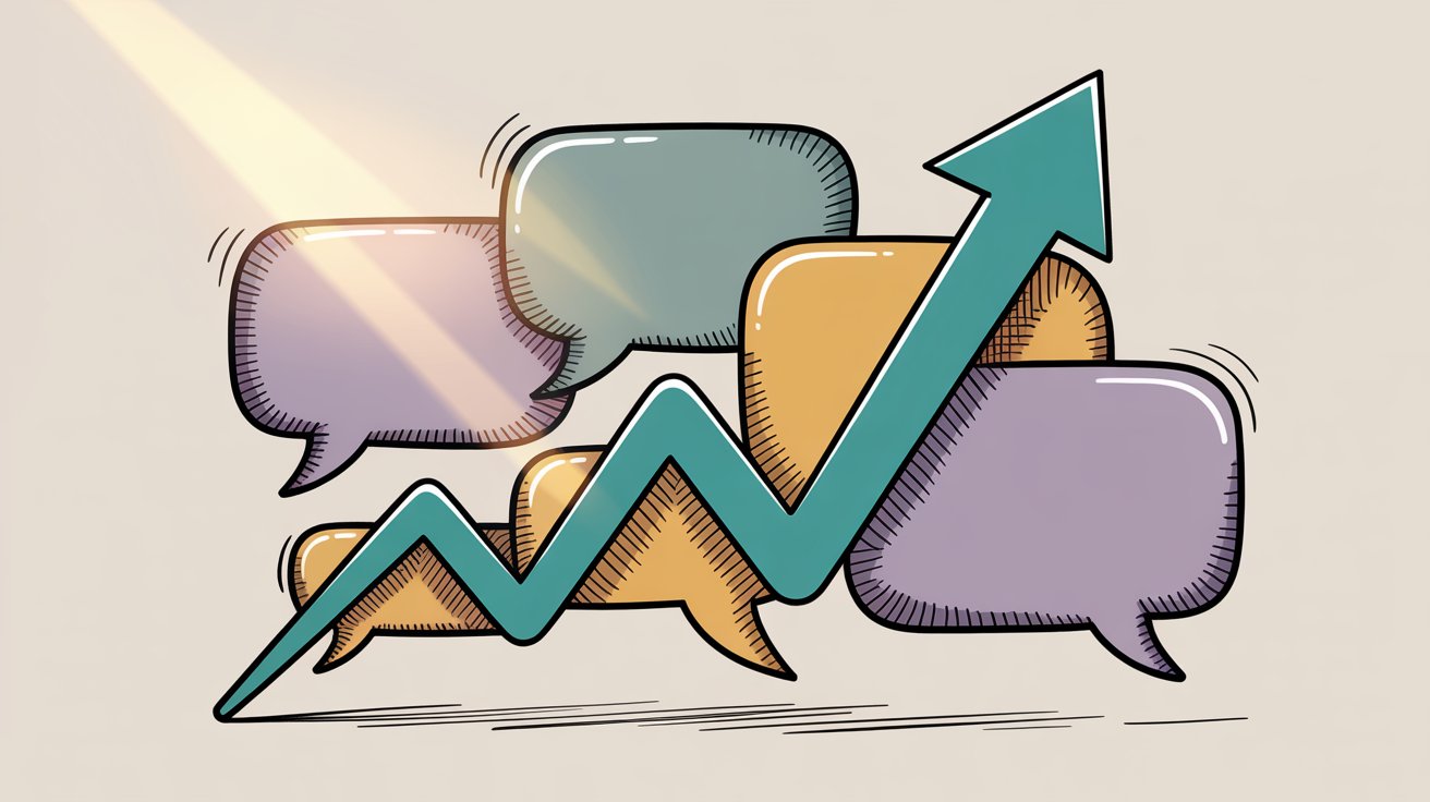 Success visualization showing chat conversations transforming into measurable analytics results with upward trending performance metrics and positive outcomes