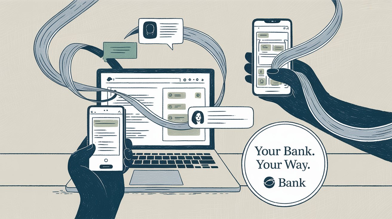 Omnichannel banking across laptop, mobile, and messaging platforms with unified customer experience