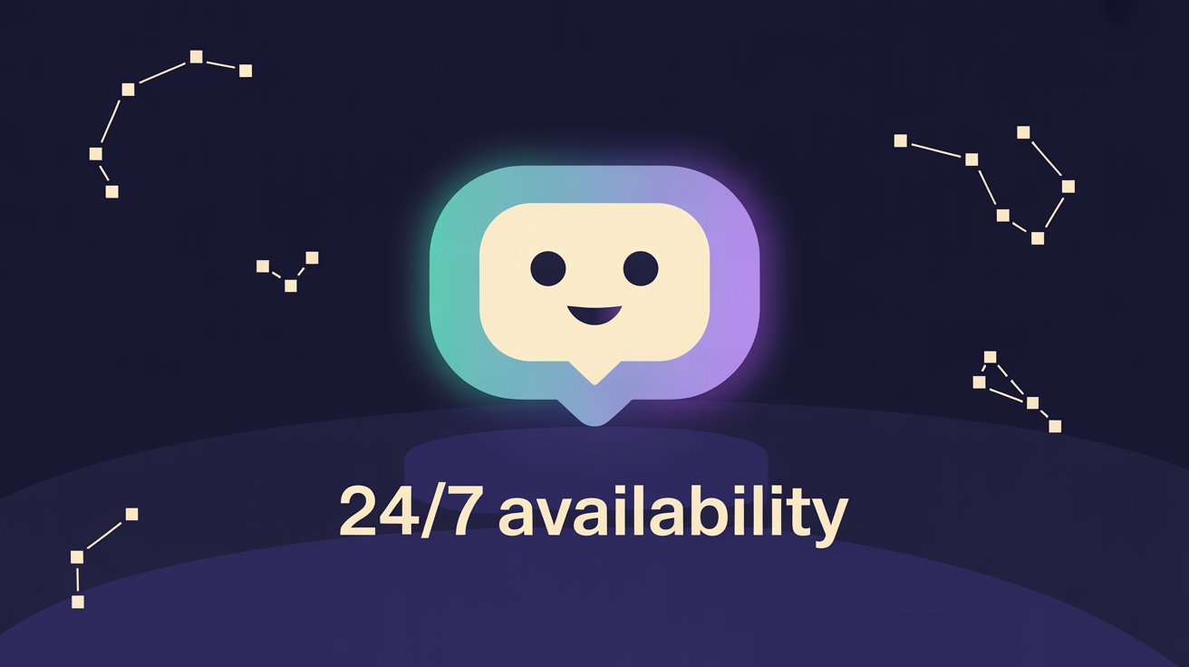 Chatbot support interface glowing in nighttime scene showing continuous 24/7 availability