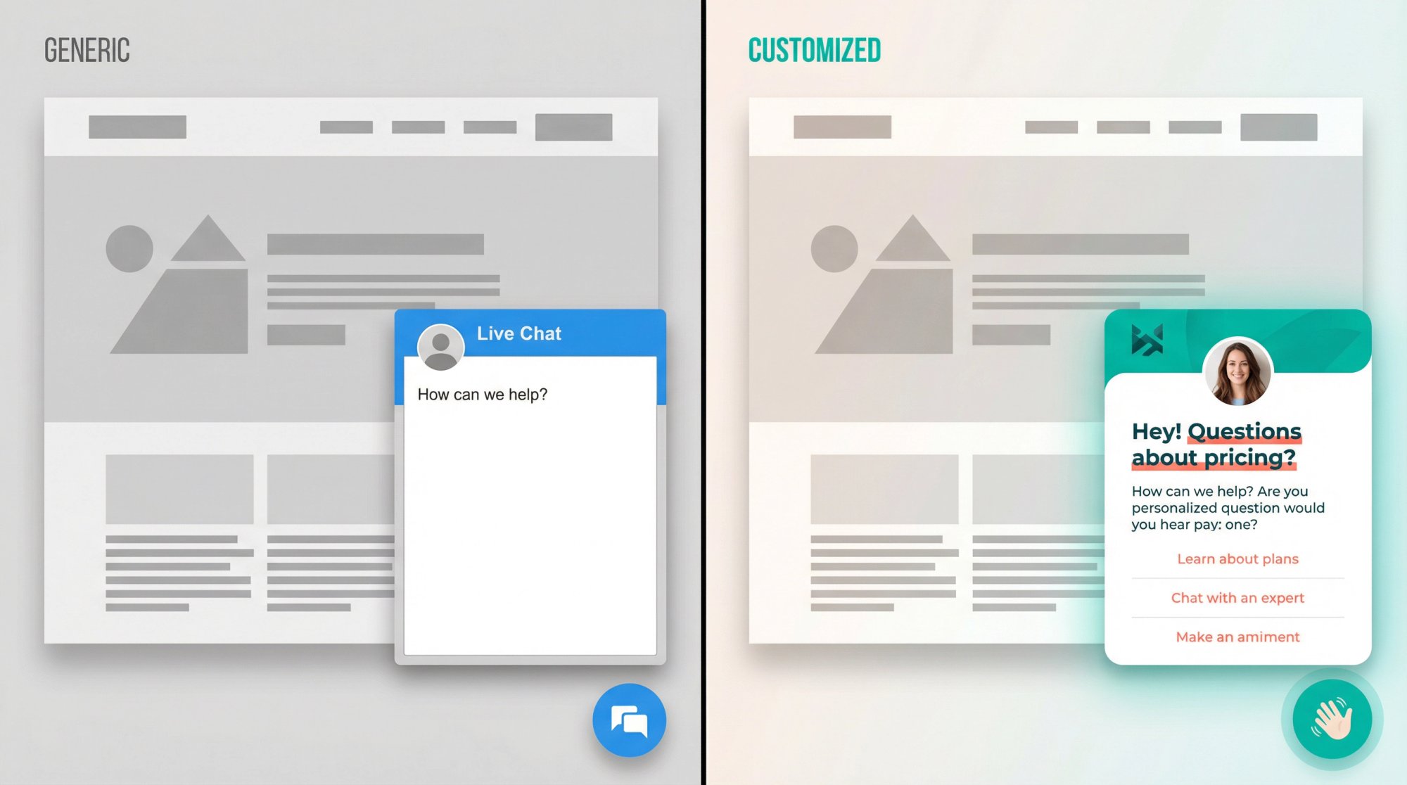 Before-and-after split screen showing generic chat widget transforming into customized, branded chat experience with personality