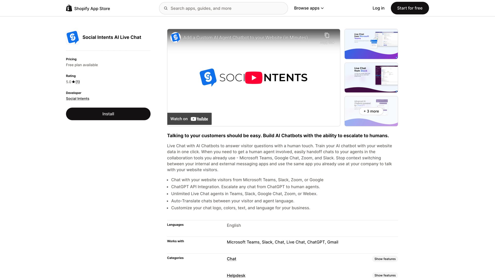 Shopify App Store listing for Social Intents showing app rating, features, and install button