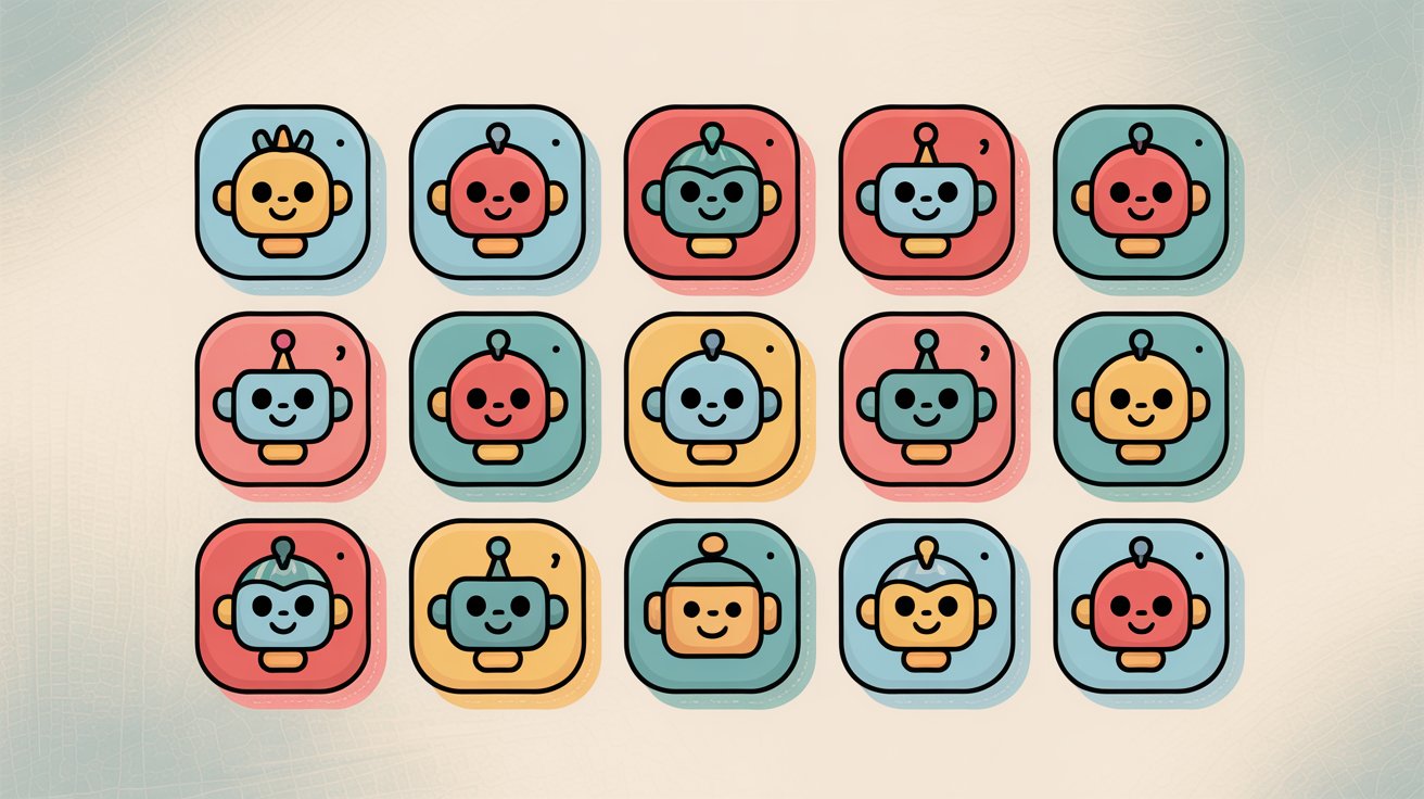 Various chatbot app icons and software options arranged professionally