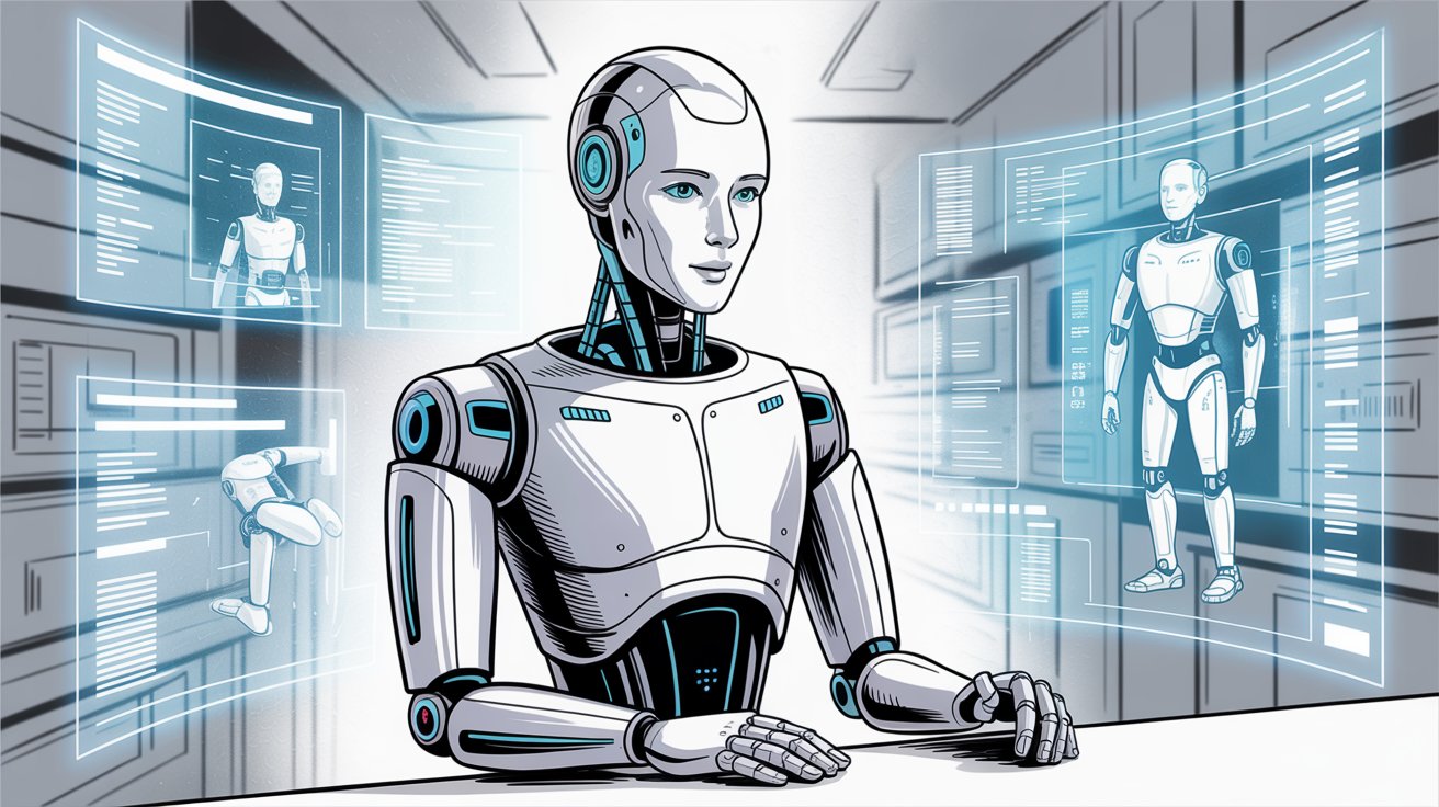 AI agent with robotic features in training environment surrounded by holographic data screens and customer service interfaces