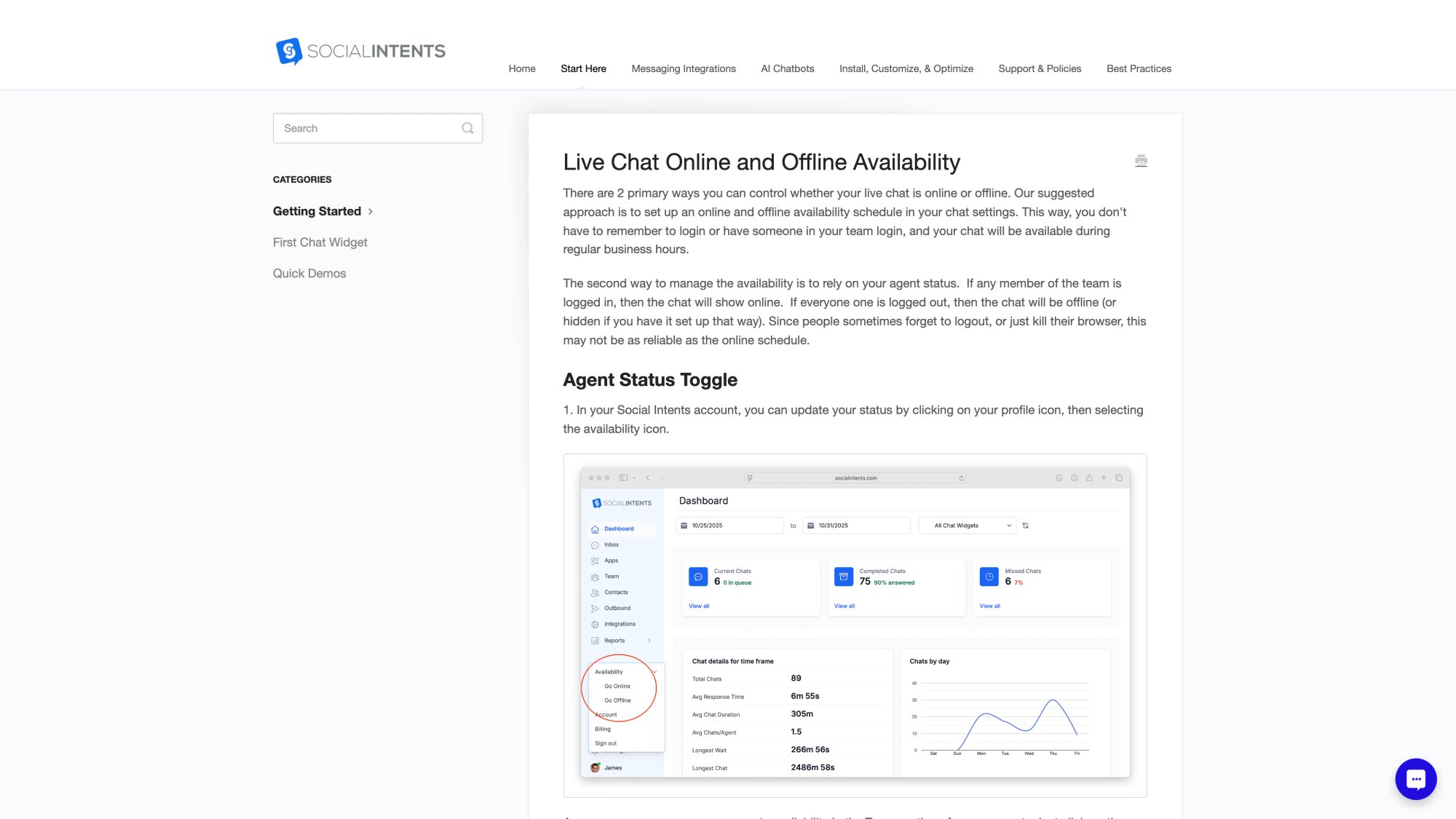 Social Intents online schedule configuration interface showing timezone settings, business hours grid, and holiday exceptions in the help documentation