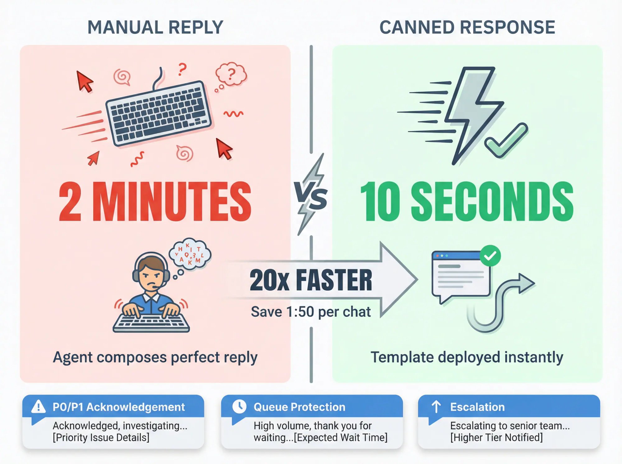 Split comparison showing 2 minutes to type custom reply vs 10 seconds with canned response template