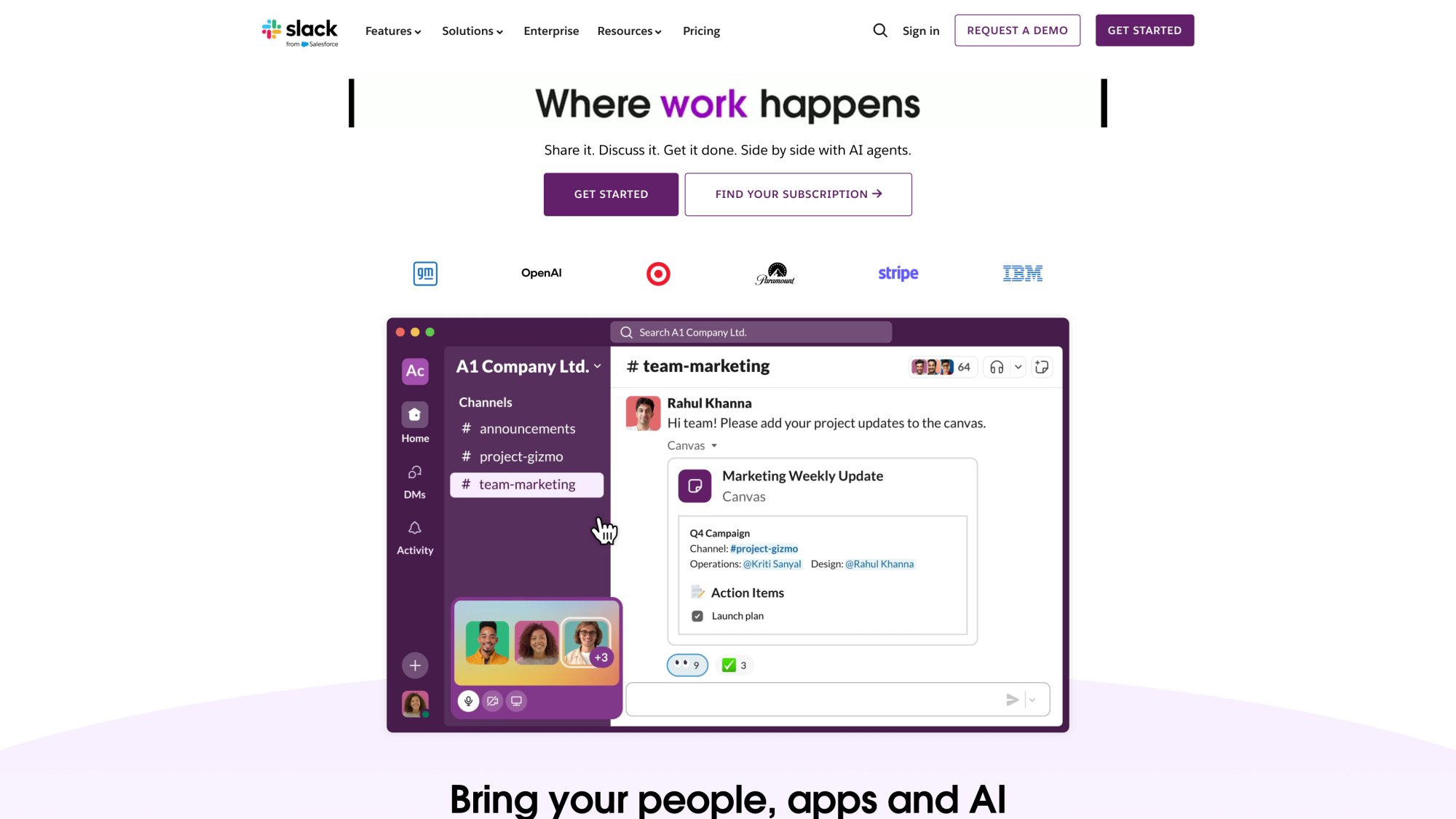 Slack team collaboration platform homepage showing messaging workspace that integrates natively with Social Intents chat