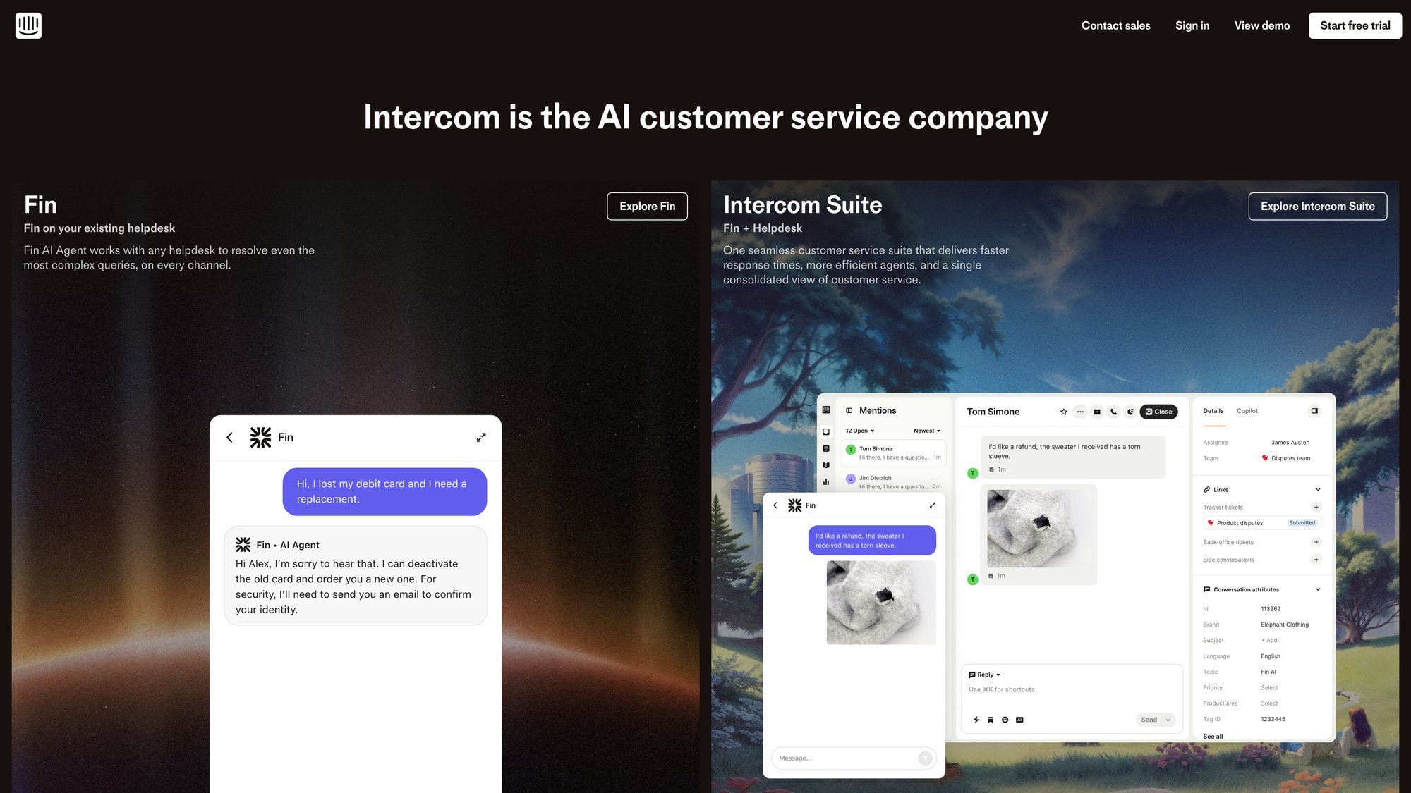 Intercom homepage hero highlighting customer support and engagement platform capabilities