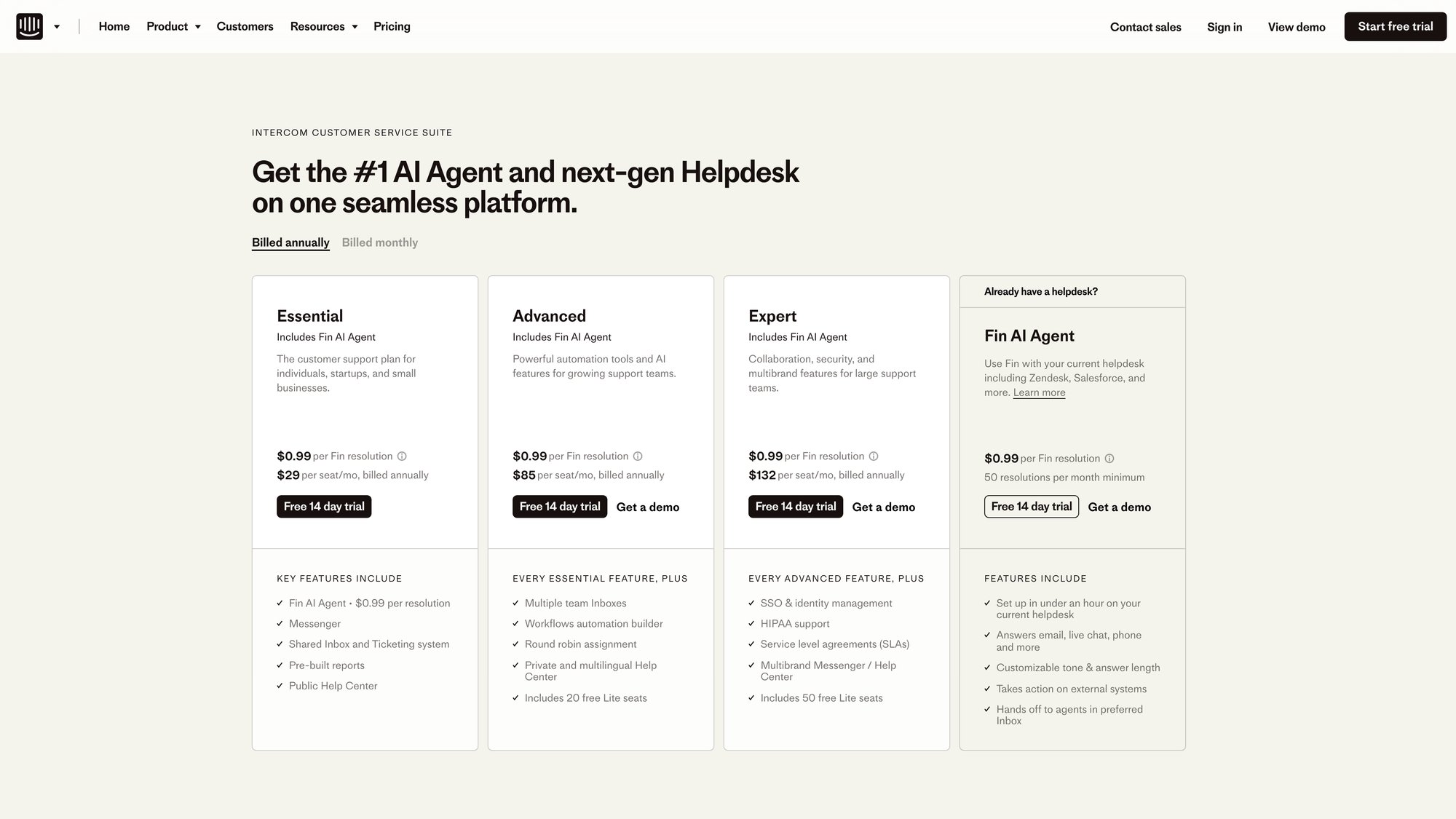 Intercom pricing page showing base plans and add-on features with per-seat costs