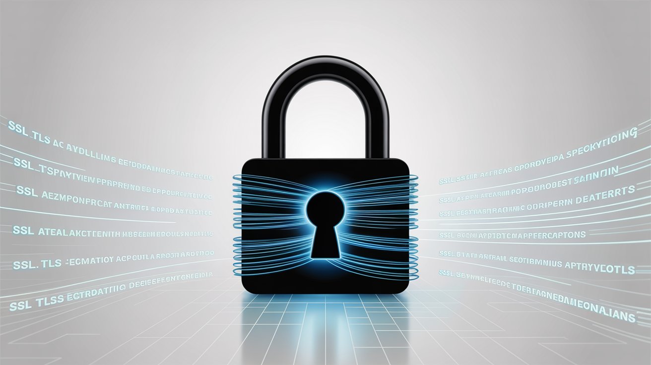 Security and encryption visualization showing SSL/TLS protection, data privacy, and secure communication protocols