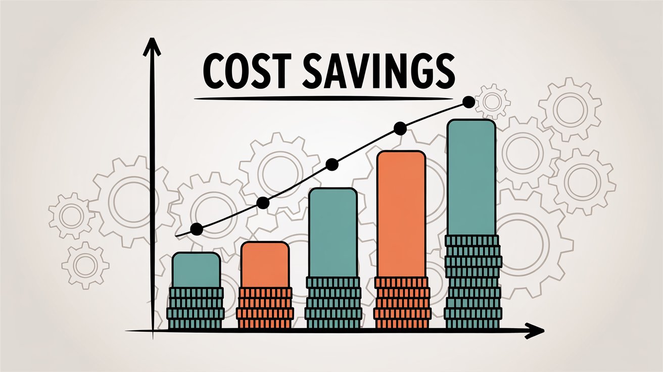 Cost savings chart showing progressive growth with ascending bars and stacked coins, illustrating the value difference and financial advantages of choosing cost-effective help desk solutions