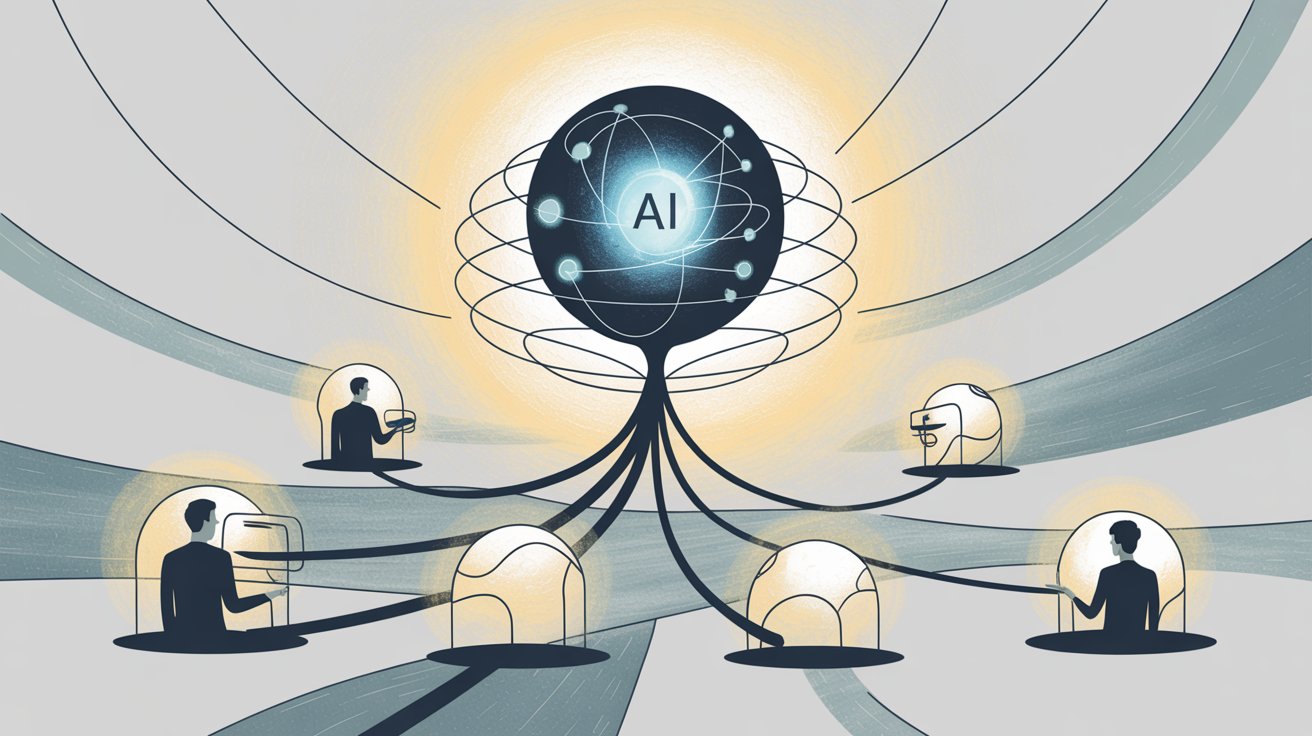 AI customer service orchestrating multiple banking interactions with central hub managing concurrent workflows