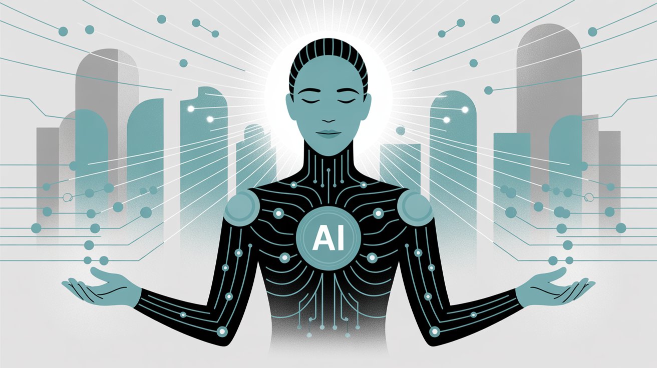 AI guardian protectively monitoring banking security with serene expression and trust-building oversight presence