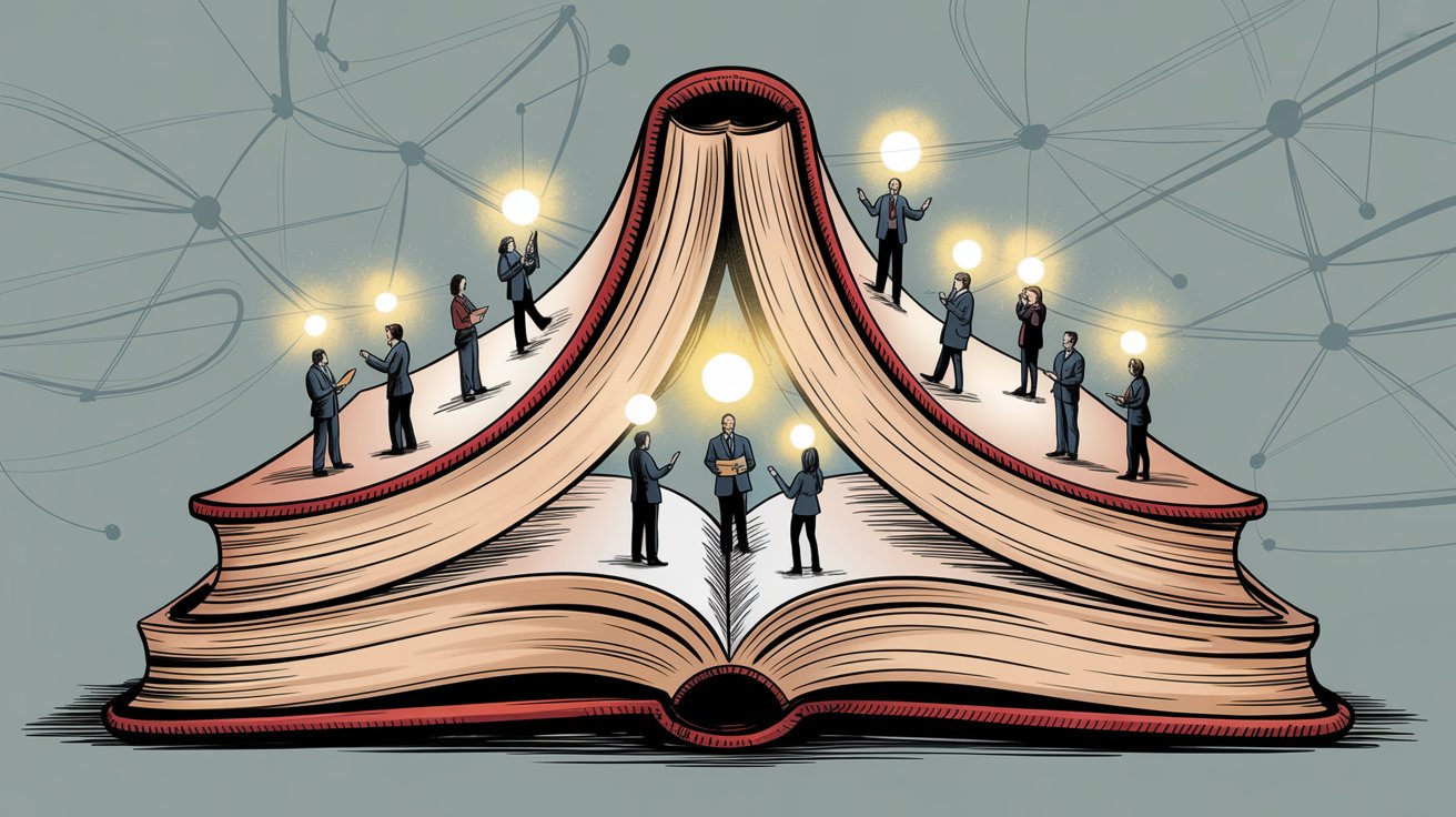 Self-service knowledge base visualization showing organized information architecture with searchable articles, silhouetted users accessing help content on illuminated book pages, hand drawn professional editorial illustration