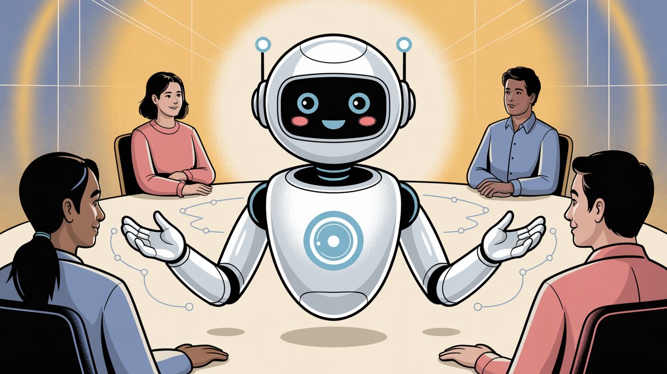 AI chatbot robot assisting multiple customers simultaneously at conference table