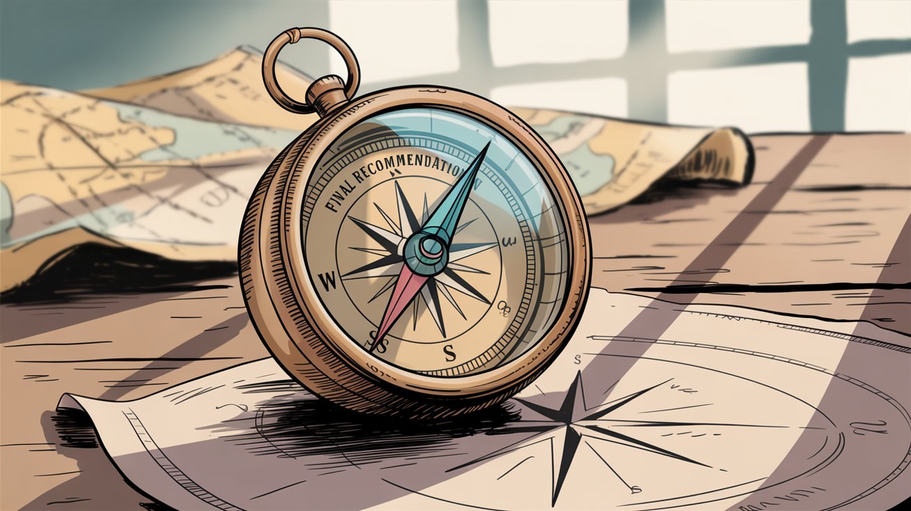 Final recommendation visualization showing weighing decision factors and platform selection criteria, hand drawn professional editorial illustration