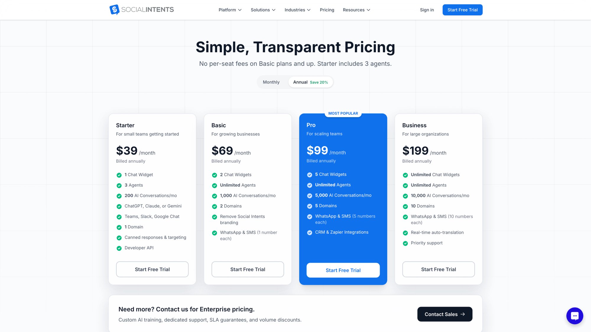 Social Intents pricing page showing tiered plans from Starter to Business with unlimited agents from Basic tier upward