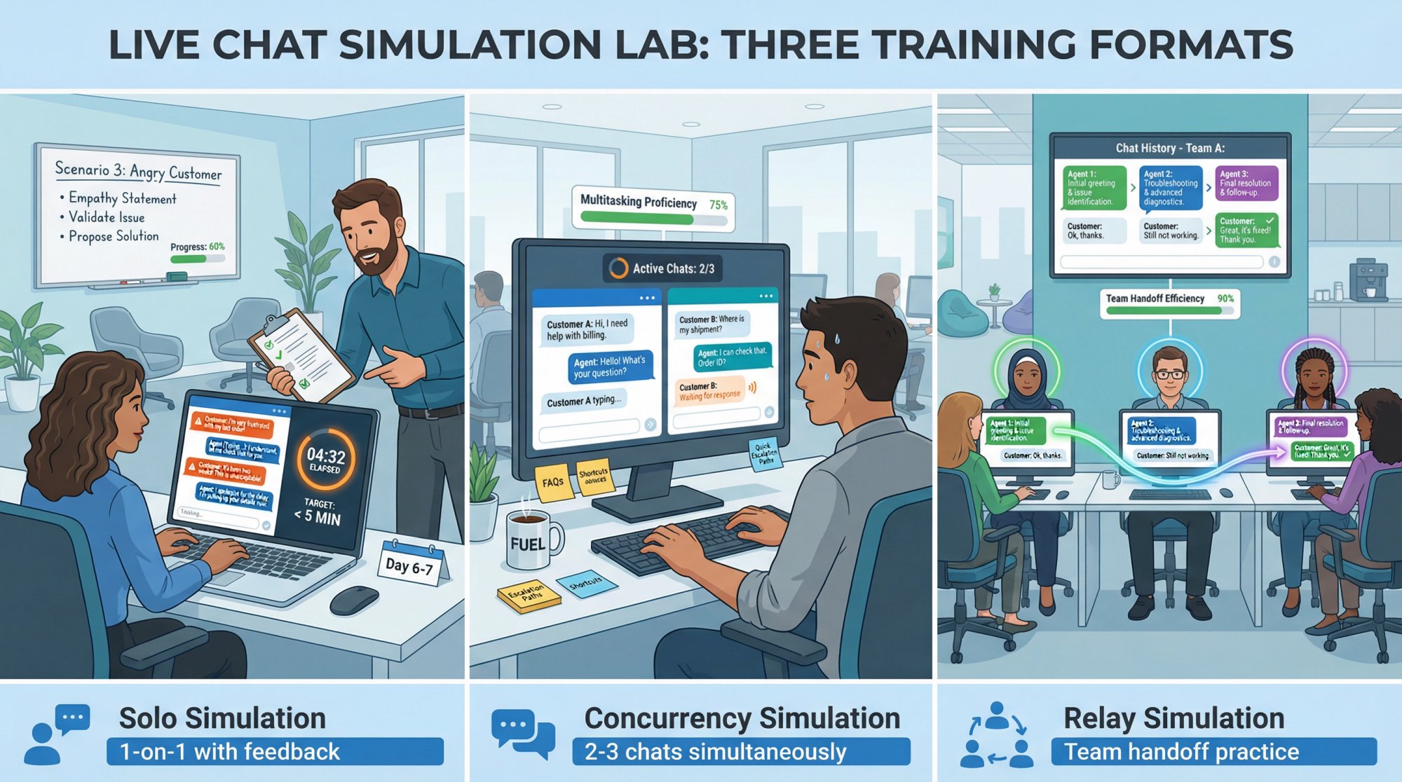 Live chat training simulation lab with three formats: solo coaching, concurrency multitasking, and team relay exercises