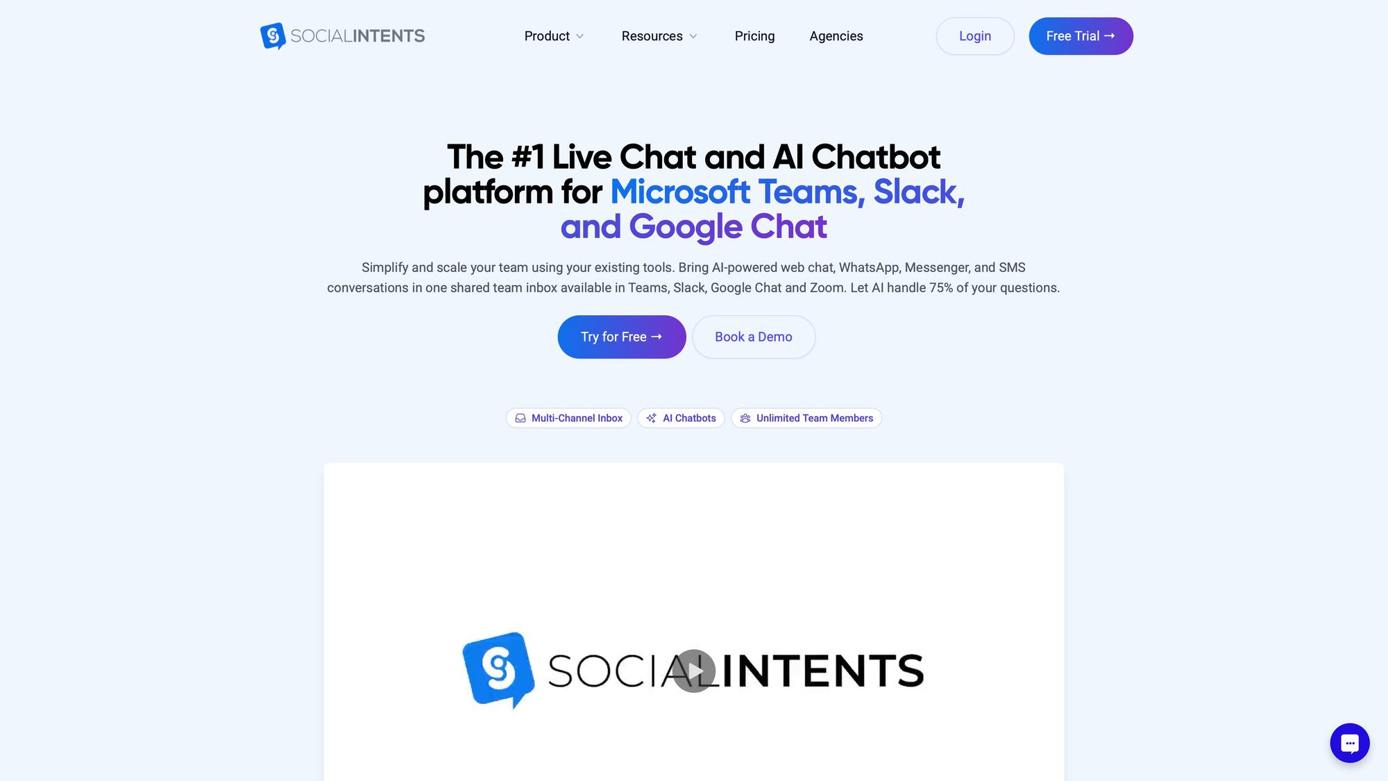 Social Intents homepage showing live chat and AI chatbot solutions for business communication