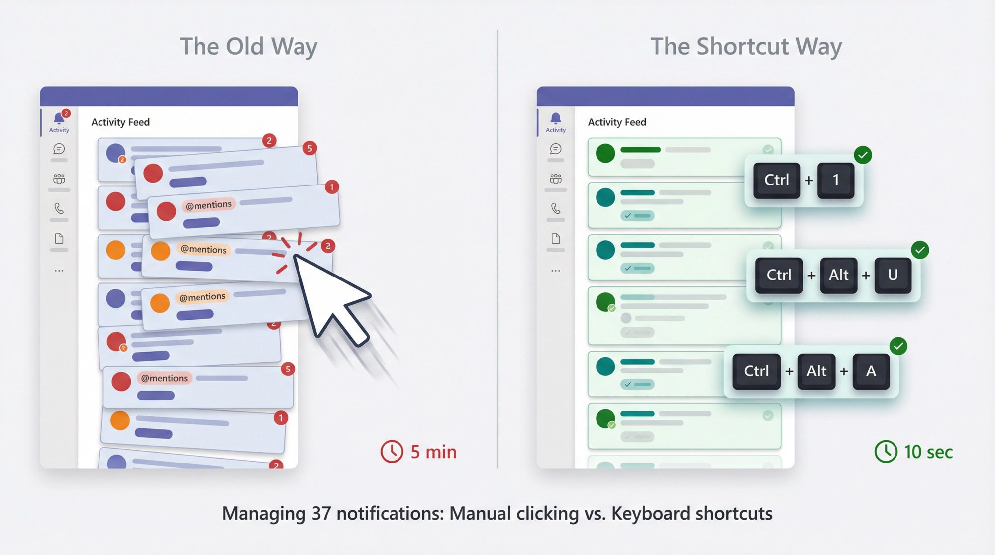 Split-panel illustration showing manual notification clicking versus keyboard shortcut workflow in Microsoft Teams Activity Feed