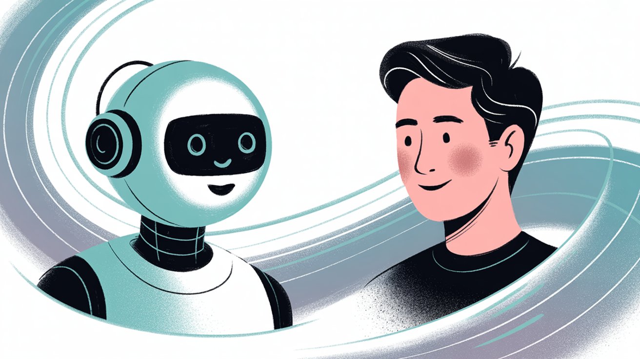 AI chatbot and human agent collaborating on customer support handoff with flowing connection lines visualizing seamless transition