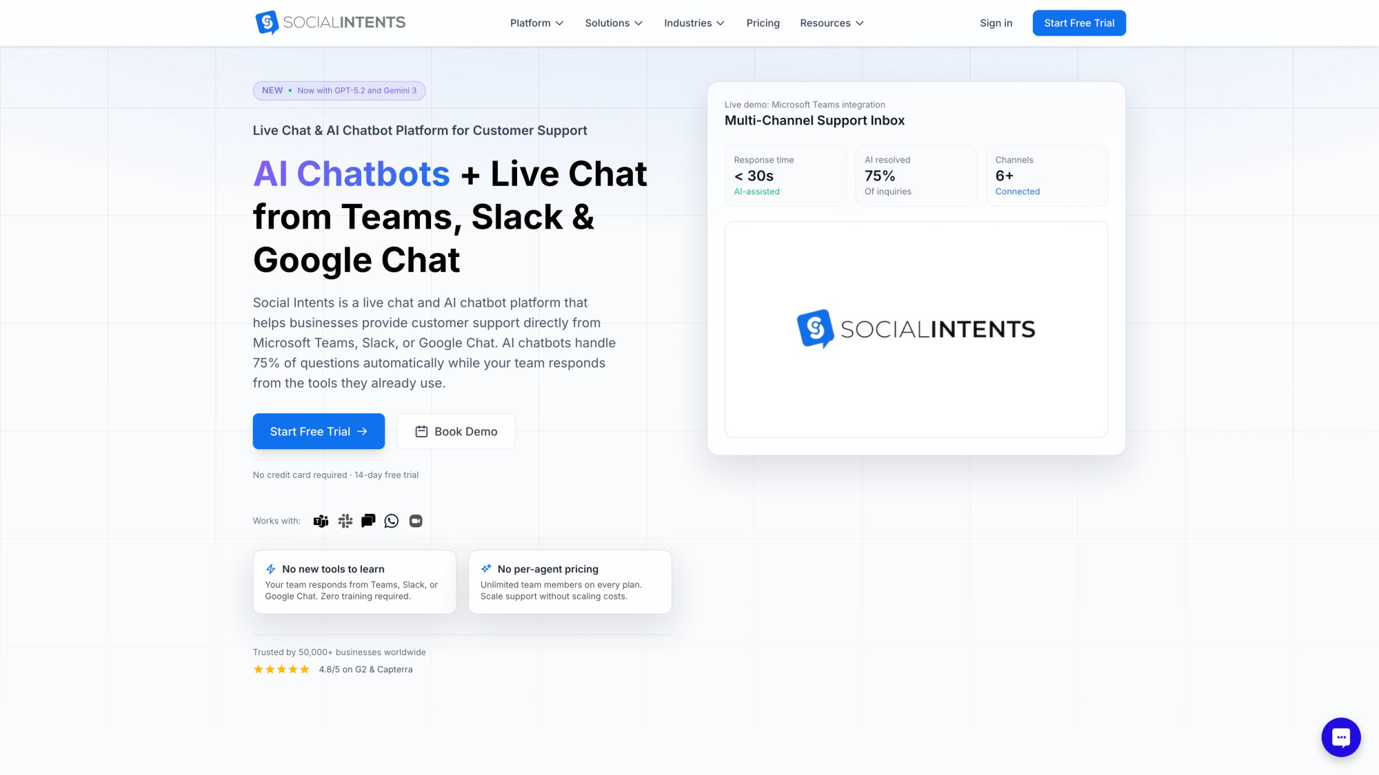 Social Intents homepage showing live chat platform with Teams, Slack, and Google Chat integrations