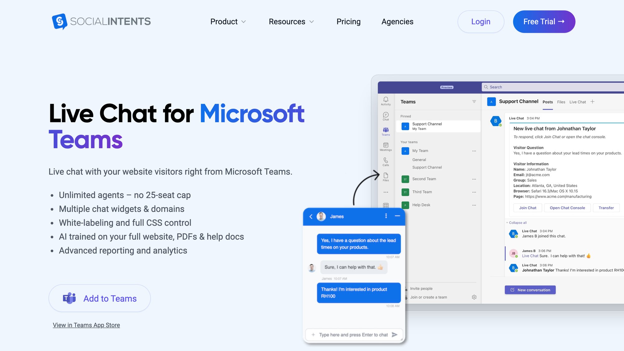 Social Intents Teams integration showing website live chat conversations appearing directly in Microsoft Teams channels
