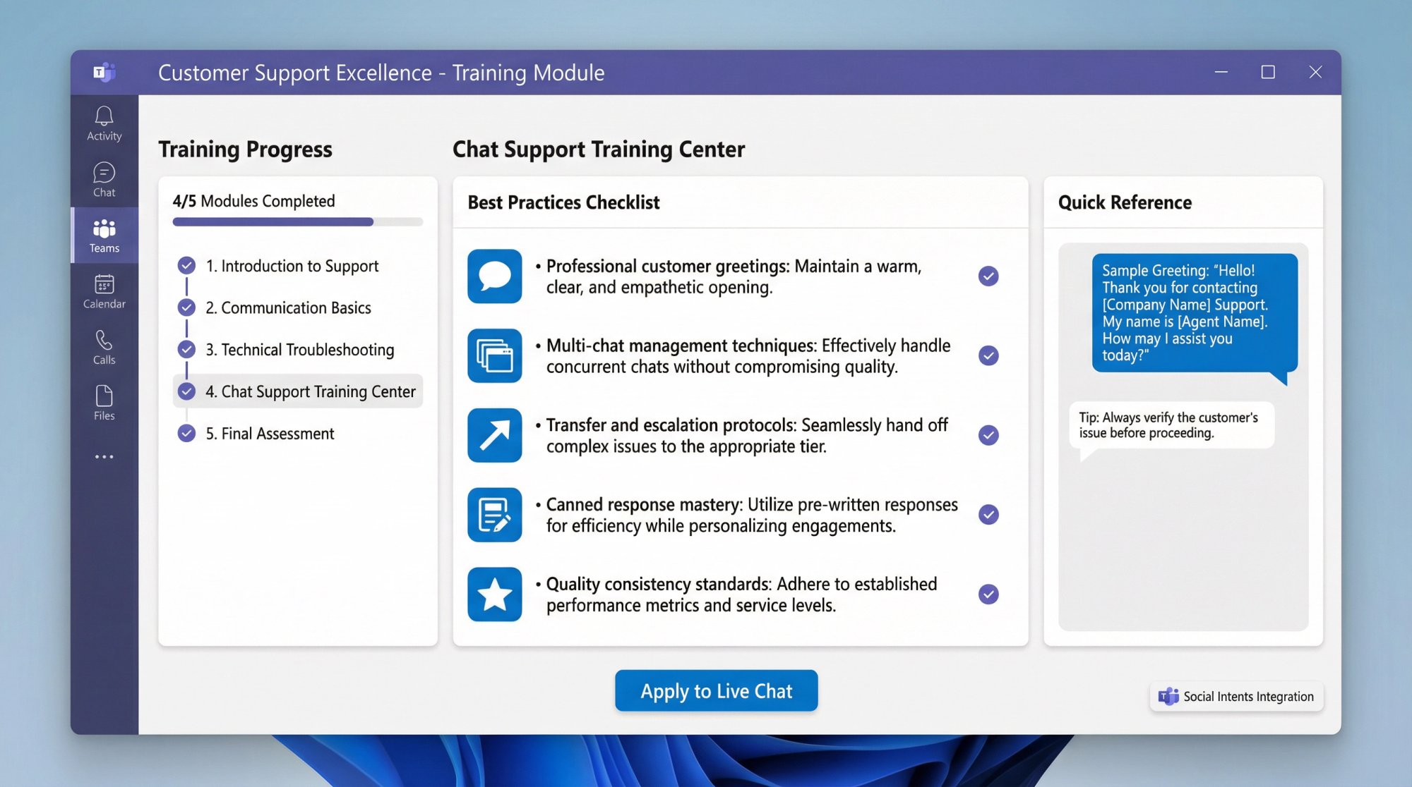 Microsoft Teams training dashboard showing chat support best practices checklist and learning modules for professional customer service