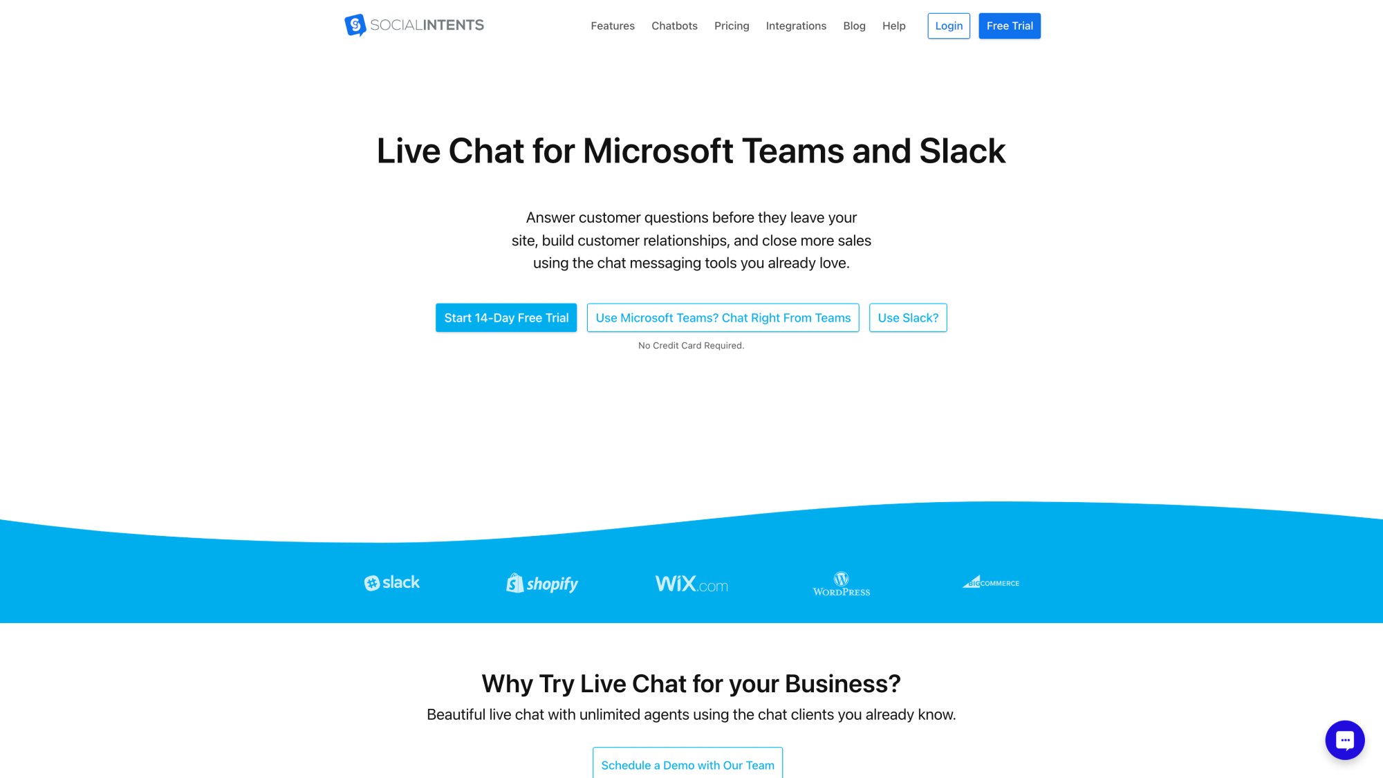 Social Intents live chat page demonstrating chat interface examples, conversation flows, and widget customization options for after-hours support