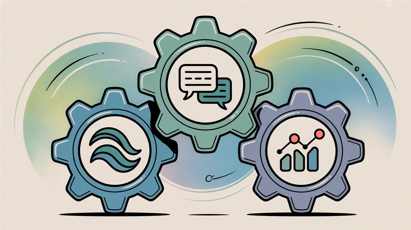 Interlocking gears representing customer support platform comparison with messaging, workflow, and team collaboration icons