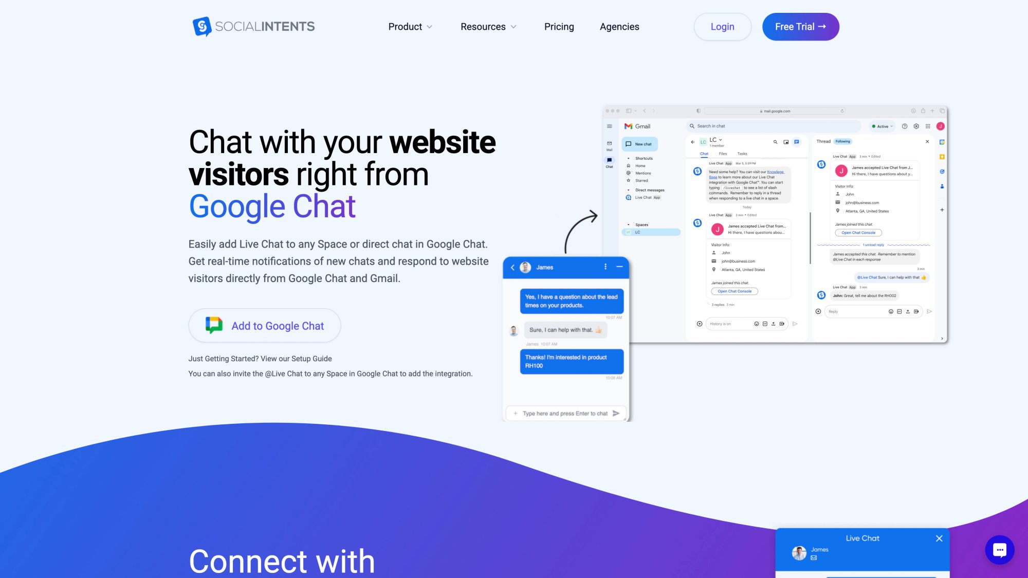 Social Intents Google Chat live chat integration page showing bi-directional messaging between website visitors and Google Chat