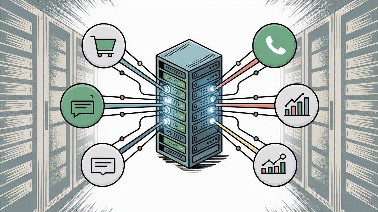 Hand-drawn illustration showing WhatsApp Business API as a central backend system connecting to various business tools including e-commerce, messaging, and analytics platforms