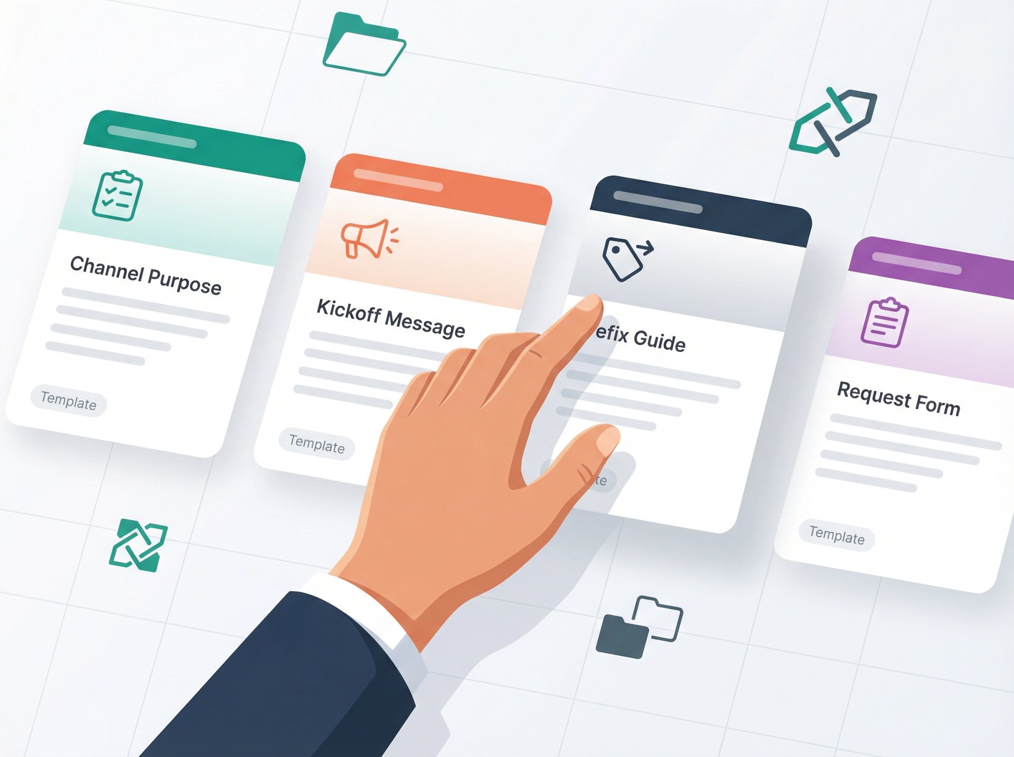 Modern workspace illustration showing organized template library with ready-to-use Slack channel templates being accessed