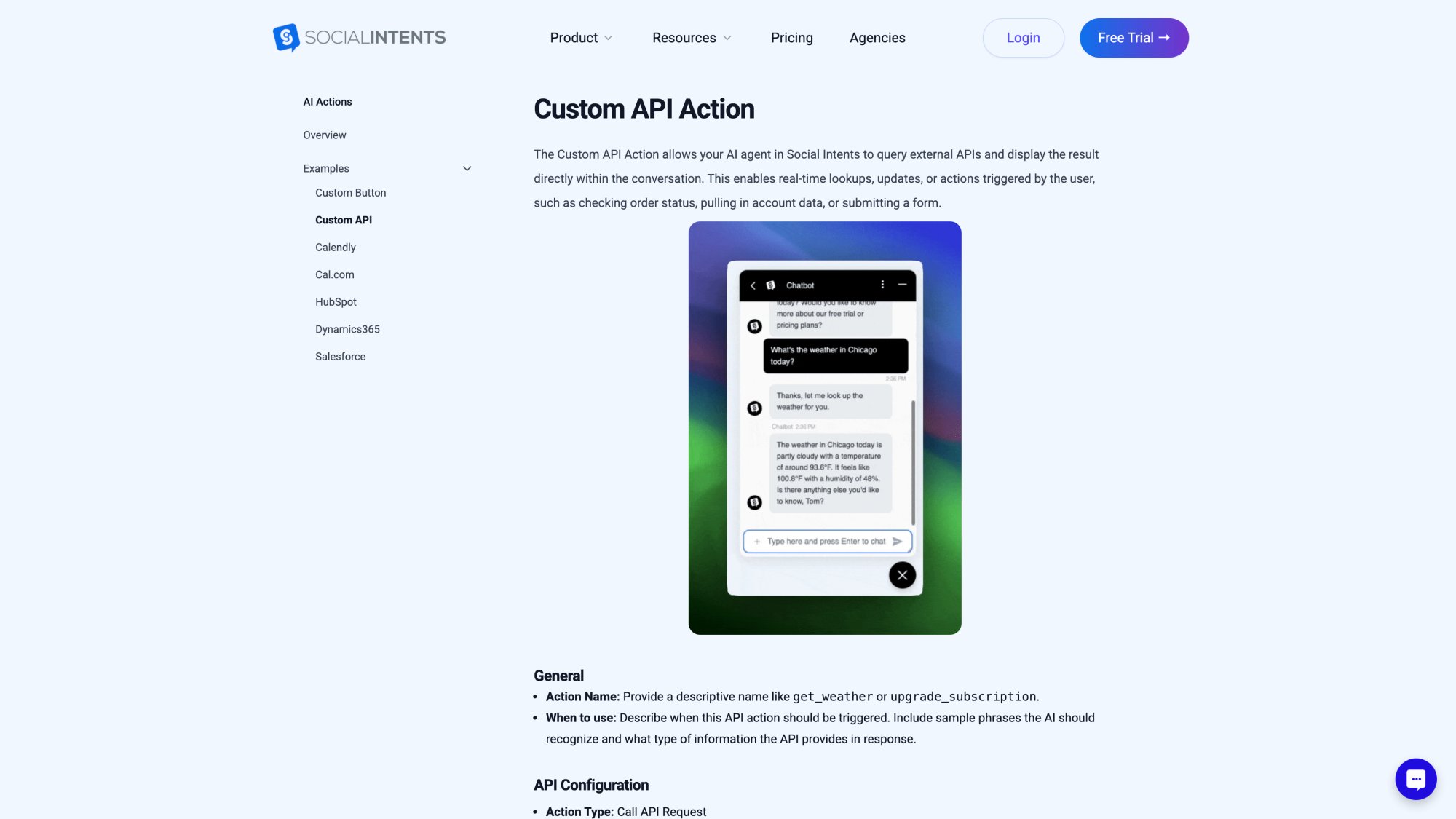 Social Intents Custom API Action configuration page showing no-code order status integration setup
